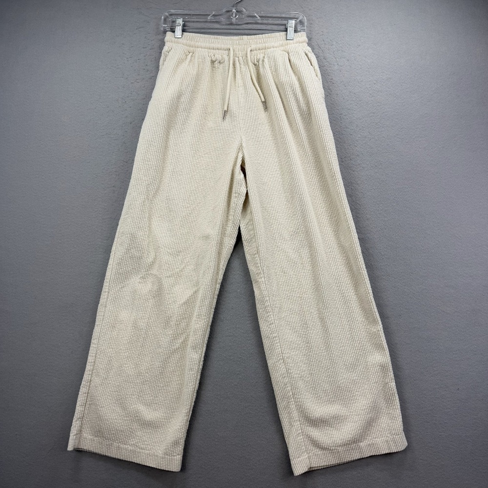Lioness Pants Womens Medium M Cream Corduroy Wide Leg Elastic Waist Baggy Cords